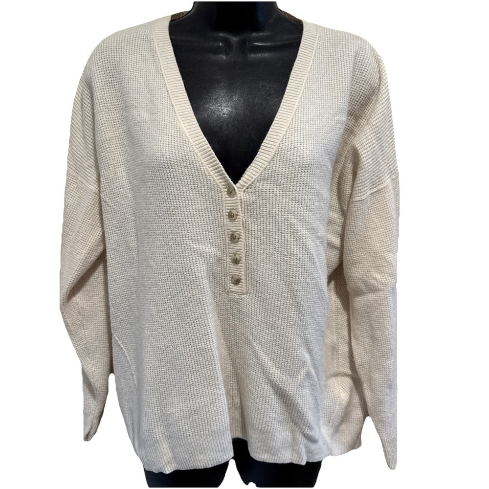 Madewell Women's Asherton Wool Cream Waffle Knit‎ Thermal Henley Sweater Size M